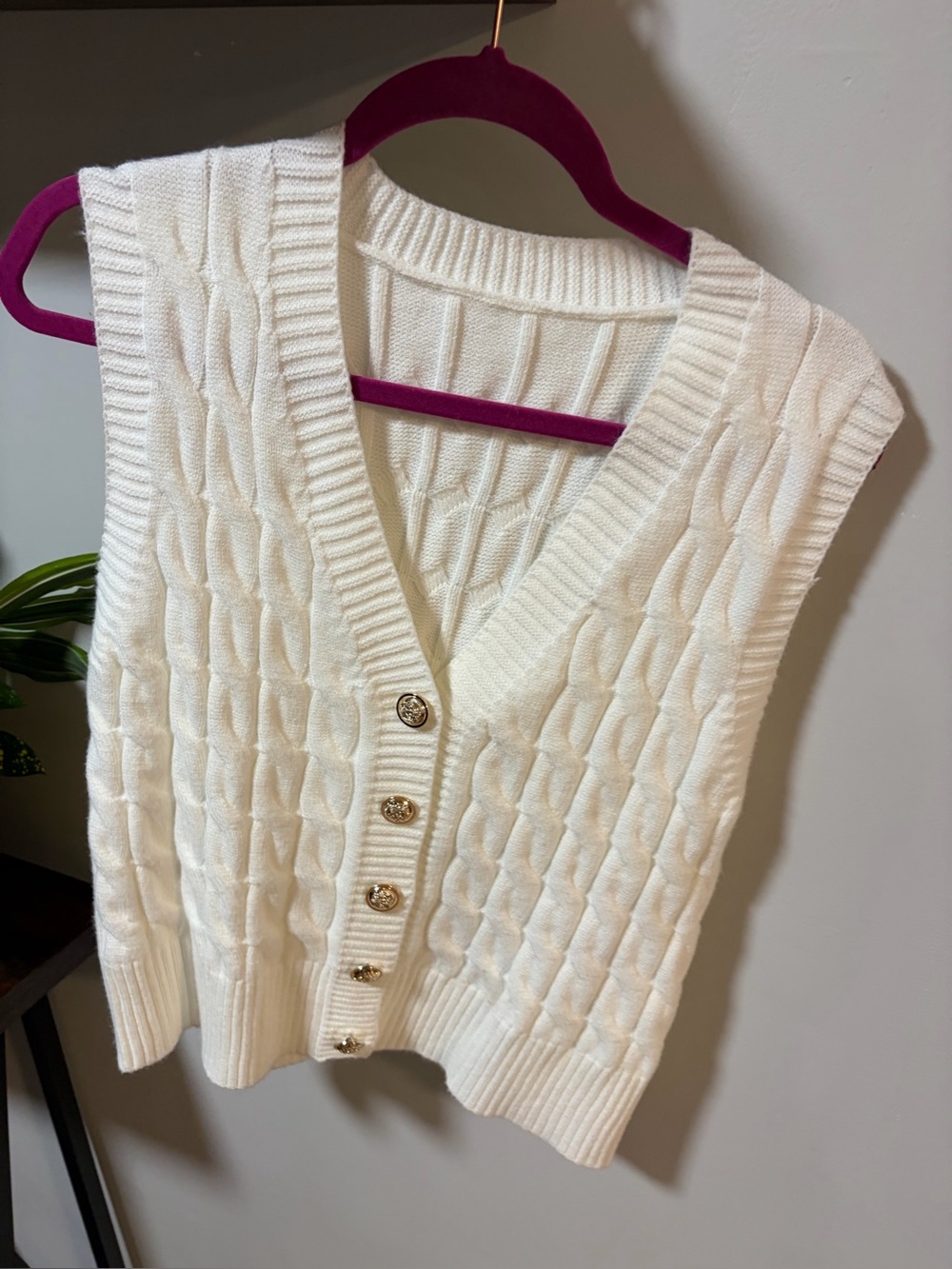 White Cable Knit Button-Front Sweater Vest